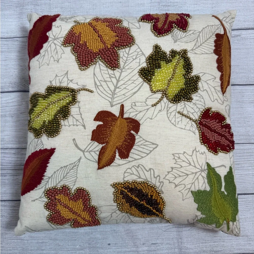 Pier 1 Beaded Autumn Leaves Decorative Throw Pillow 16” Fall Harvest